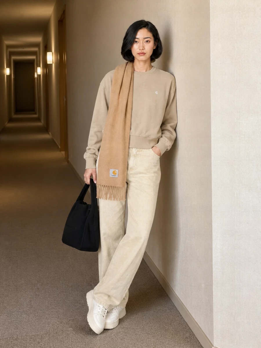 A washed sand-on-beige palette keeps this Carhartt WIP outfit calm and minimal, with the relaxed crew sitting neatly over a high-rise wide-leg for an easy, grounded line. Chunky cream sneakers add cushioned height under the volume, while the black shoulder bag cuts through the softness with a precise, city-ready edge.