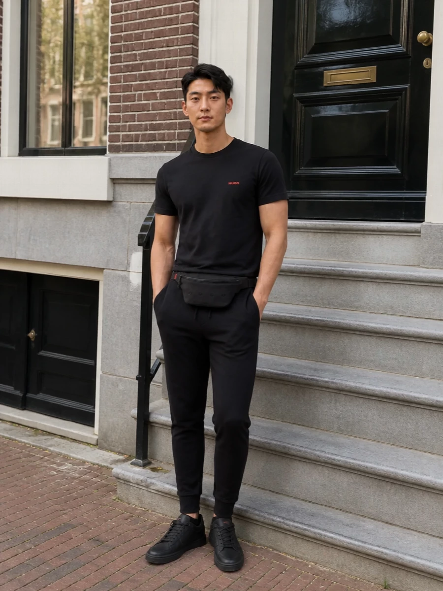 Hugo tee black joggers sneakers outfit