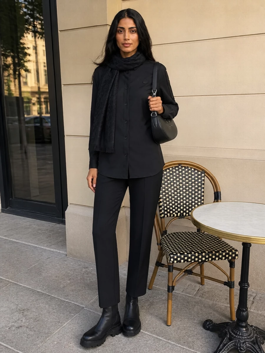 Moncler genius black shirt tailored trouser outfit