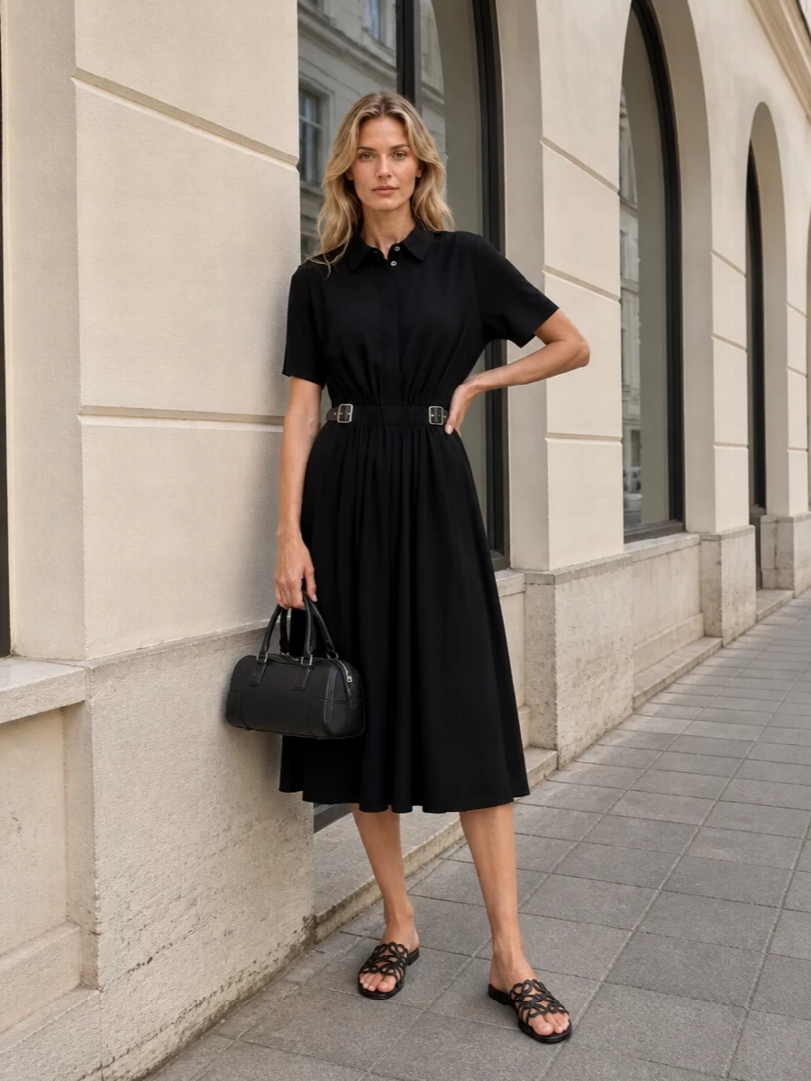Loewe black shirt dress outfit flat slides