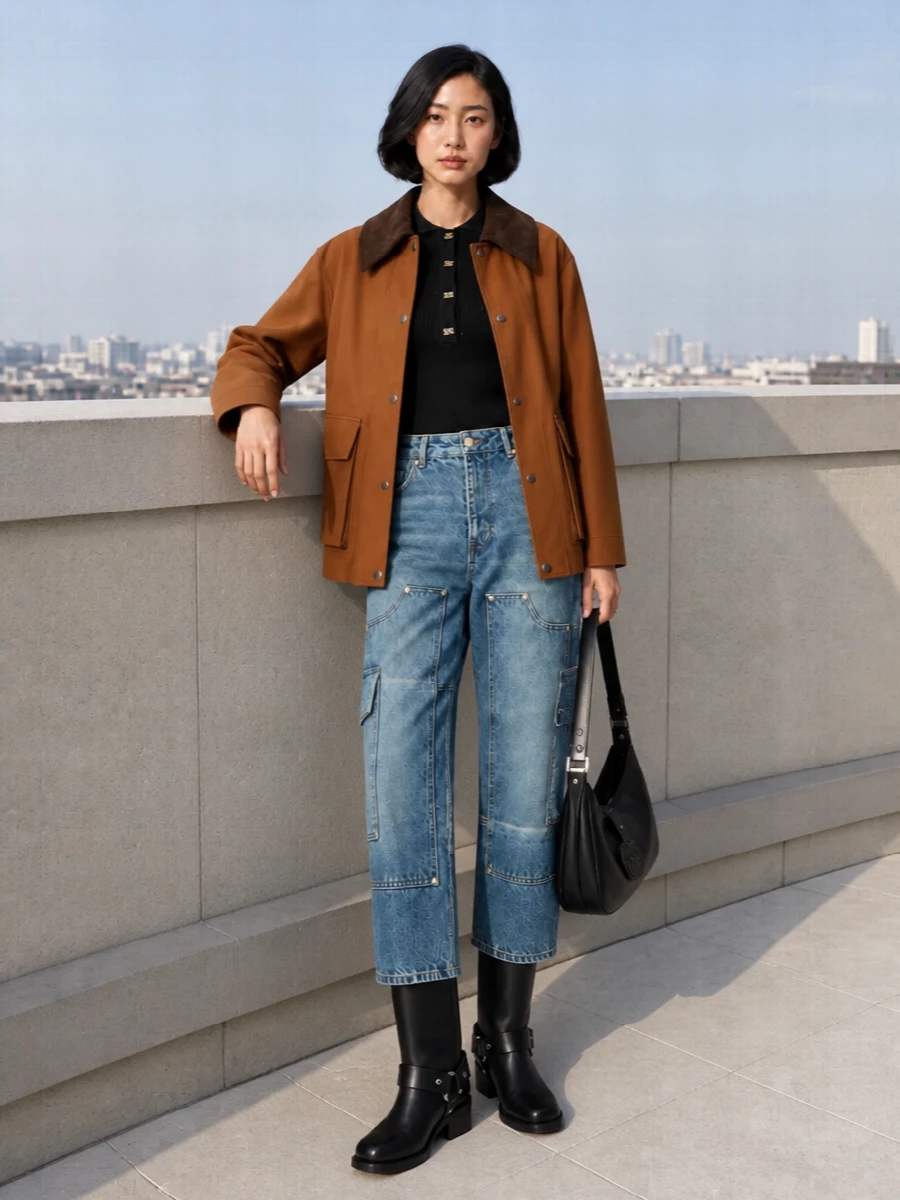 Ganni chore coat utility jeans black boots