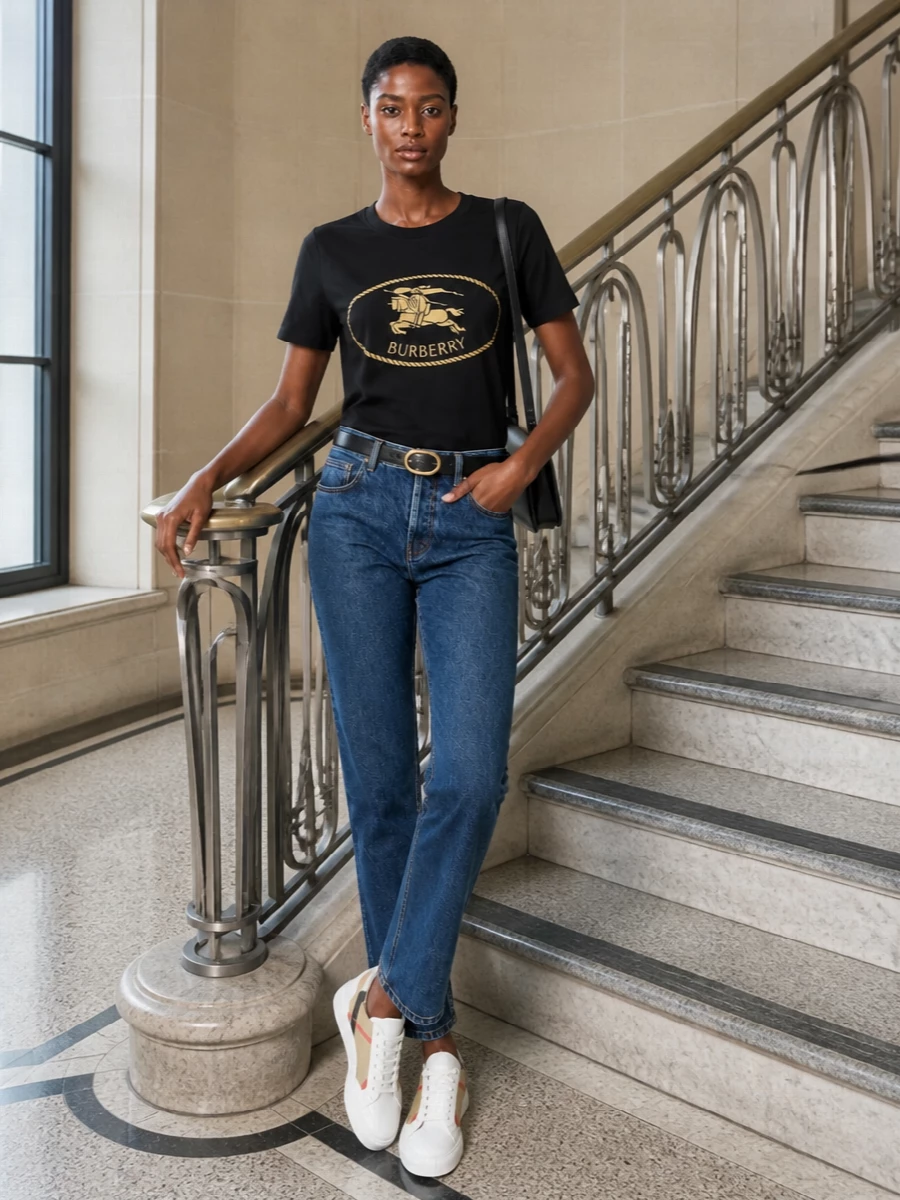 Burberry crest tee straight jeans sneakers