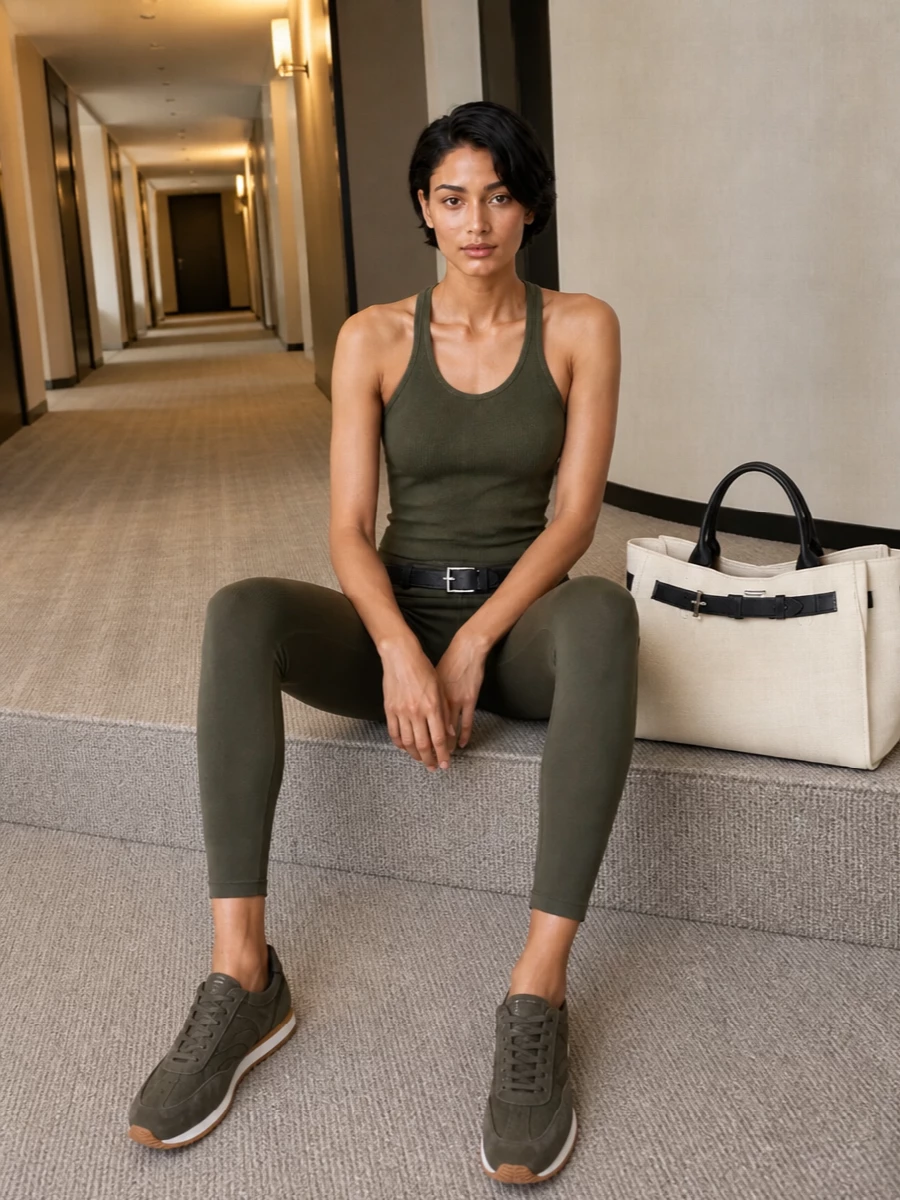 A tonal olive story keeps everything precise, with the ribbed racerback tank and second-skin leggings reading as a single, sculpted column. Olive runners lean into the athletic mood without breaking the quiet palette, while the structured canvas tote and slim black belt add just enough contrast and polish for city days on the move. The result is relaxed, body-conscious and deliberately minimal, all anchored in the same discreetly luxe language.
