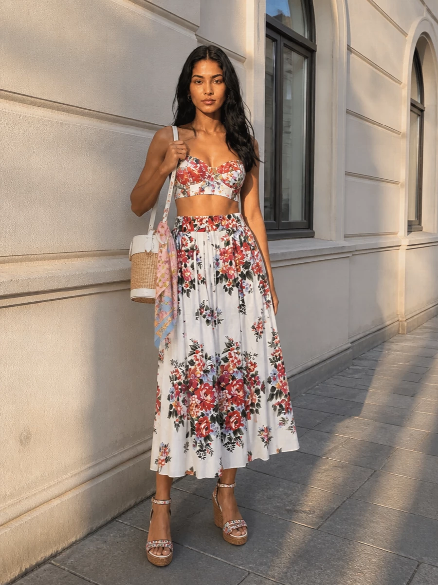 Dolce gabbana floral bustier midi skirt outfit