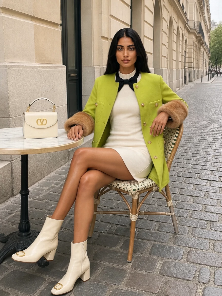 I am intentionally taking the dress route rather than tailoring separates, using a clean cream‑and‑black cocktail mini as a calm base for the chartreuse Valentino coat. The halter bow detail holds the focus near the face while the cream ankle boots and buttercream box bag keep the palette light and cohesive, letting the coat and its tan cuffs read as the sophisticated statement. The result is a quietly graphic winter evening ensemble that feels couture without tipping into costume color‑blocking.