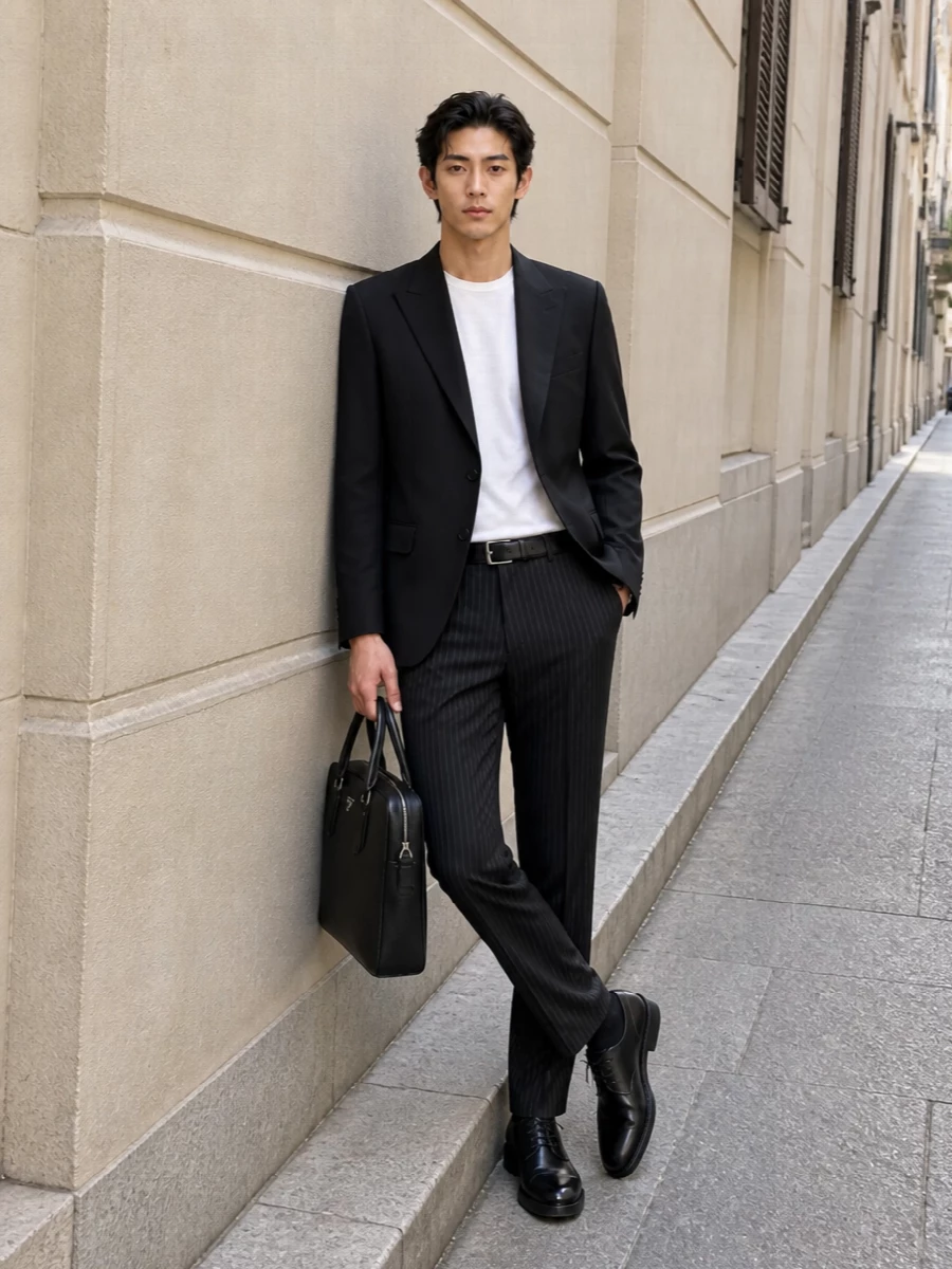 Dior tux jacket pinstripe trousers prada derby
