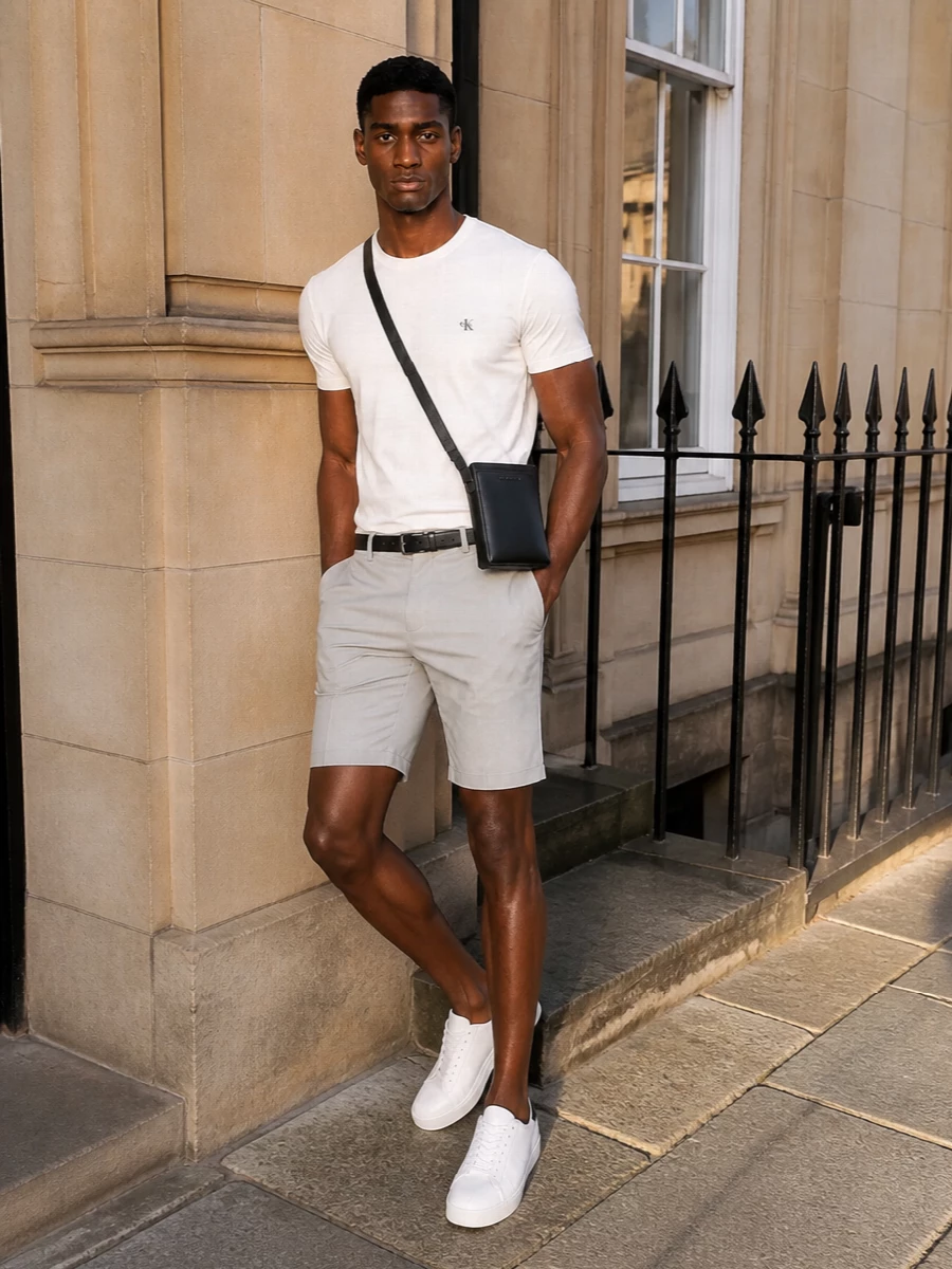 Calvin klein white tee stone chino shorts outfit