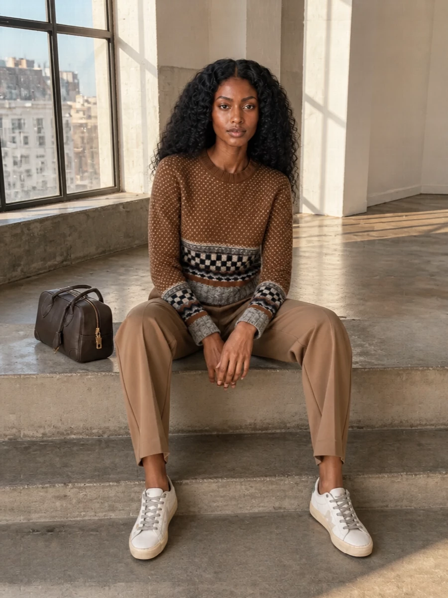 Golden Goose sneakers meet a cropped alpine-inspired knit and camel pleated trousers for a warm, quiet-luxury take on city casual. The high waist and shorter jumper play with proportion while keeping everything relaxed and grown-up. Browns, camel and soft neutrals echo the sneakers’ patina so the whole outfit feels intentionally worn-in, not dressed down.