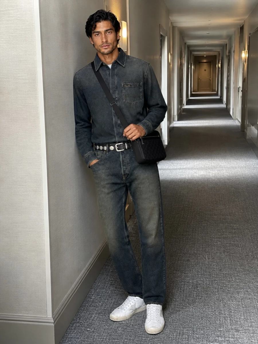 Golden goose charcoal denim white sneakers outfit