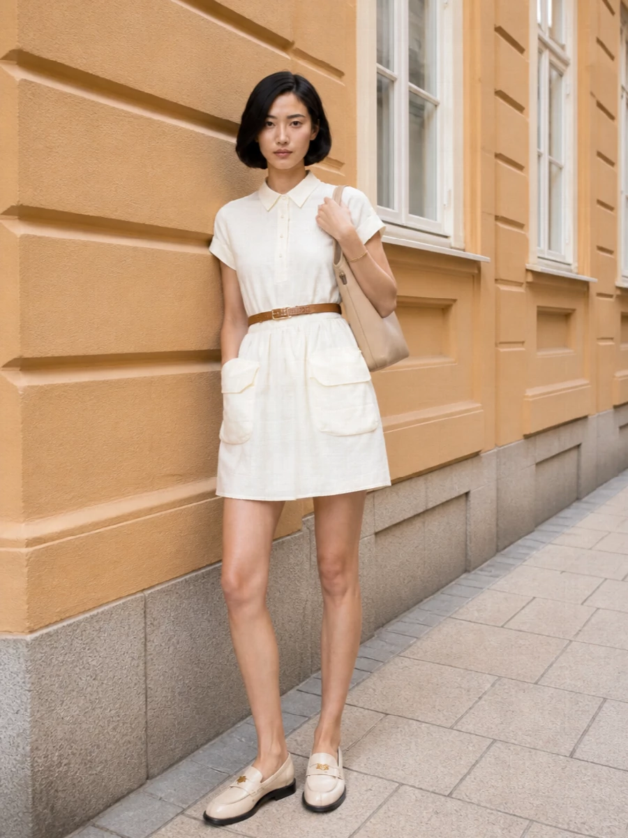 Miu miu ivory shirt dress loafers tote