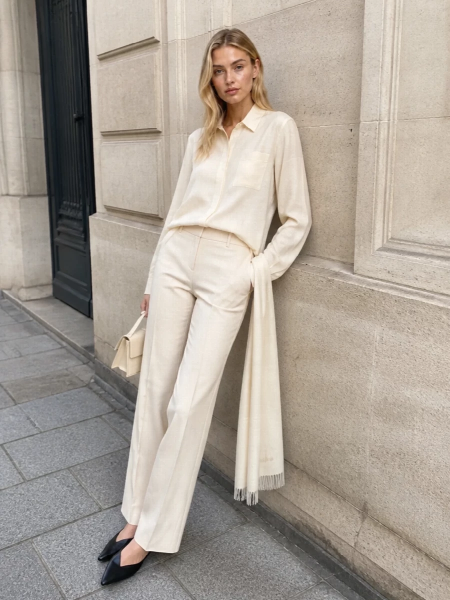Sportmax cream shirt beige flared trousers outfit
