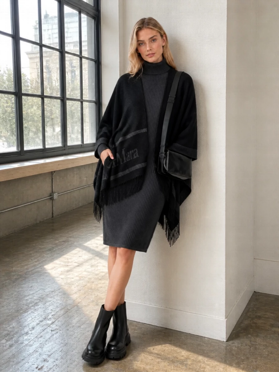 I chose the dress path, using a charcoal knit column under the poncho to keep the palette tight and the silhouette long and uncluttered. The combat-inspired ankle boots give the softness a grounded, city-ready edge, while the compact black shoulder bag adds a precise, architectural note that stays in the same quiet-luxury register. The result is a monochrome cocoon that feels relaxed enough for day yet polished enough for dinner in the same outfit.
