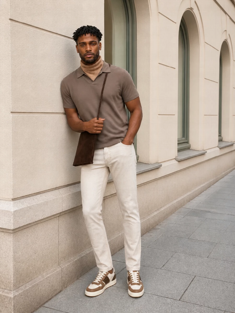 Eleventy beige trousers taupe polo hogan sneakers