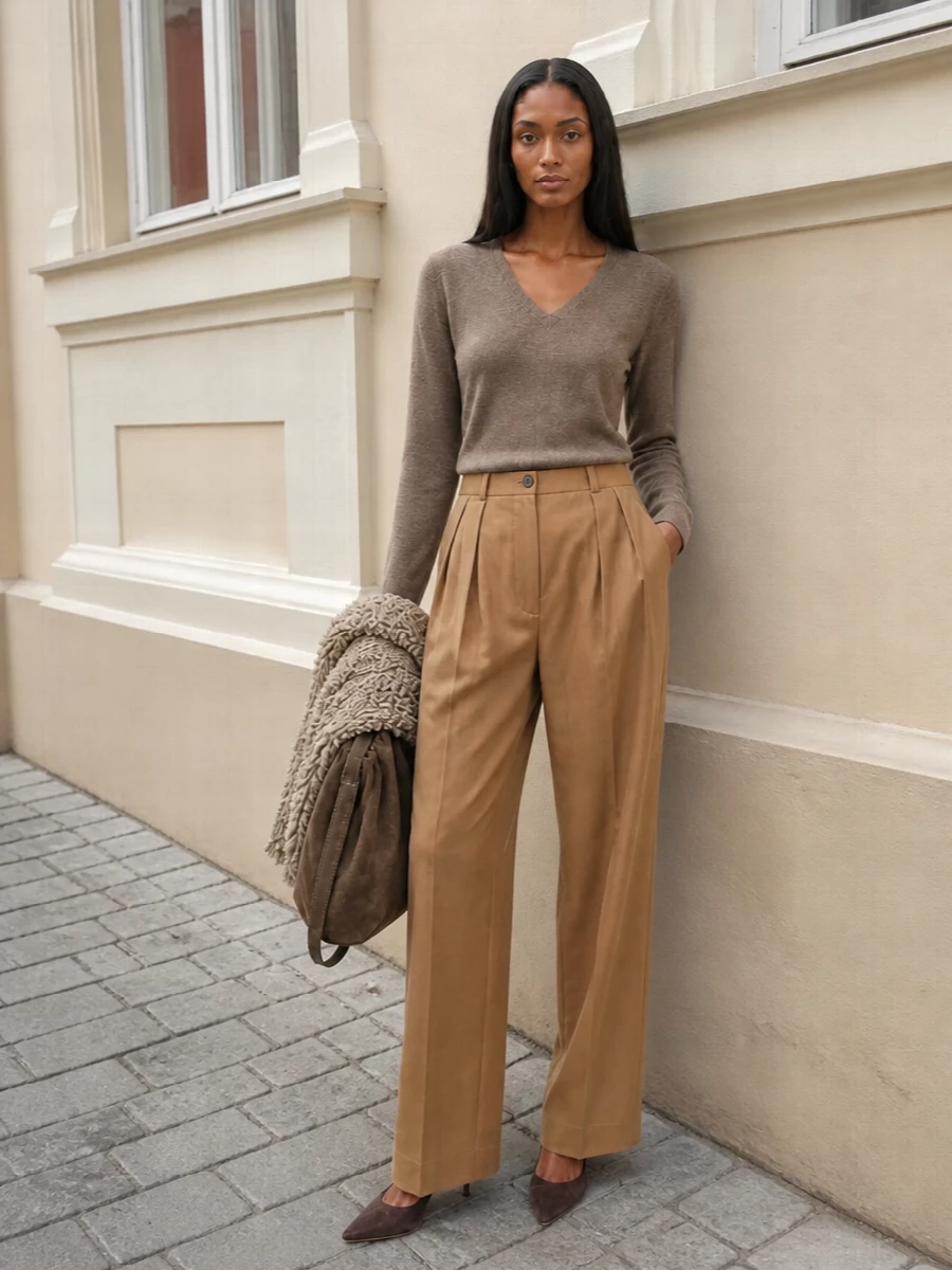 The row camel trousers taupe sweater outfit
