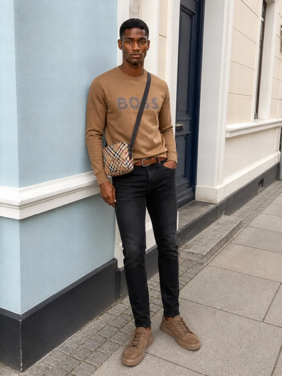 Boss camel sweatshirt slim black jeans outfit