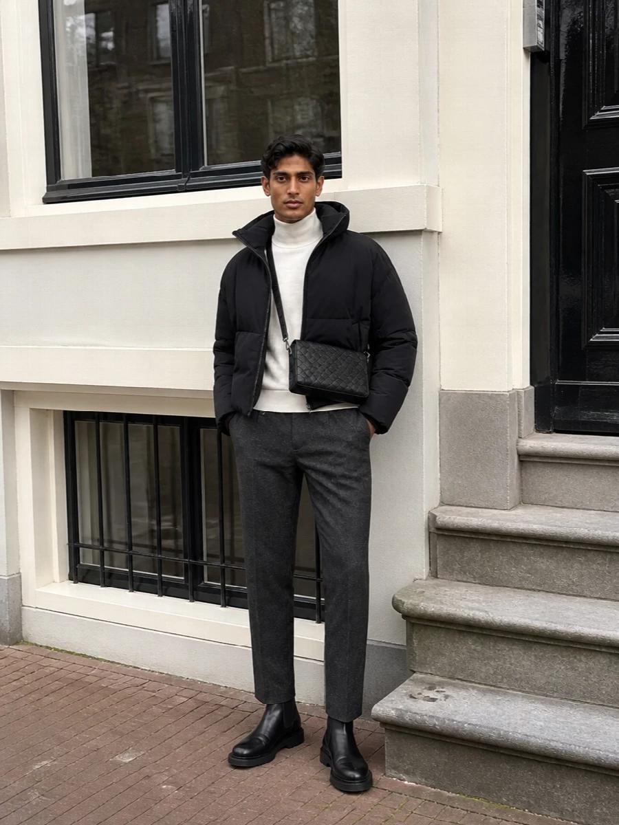 Bottega veneta puffer turtleneck tailored trousers