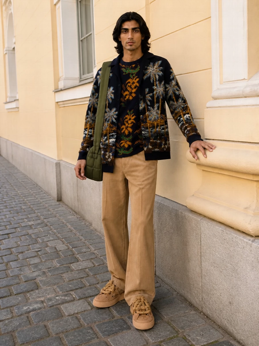 Alanui cardigan camel corduroy trousers outfit