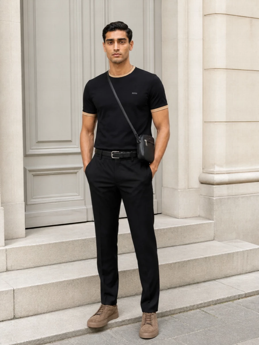 Boss black tee black trousers taupe sneakers