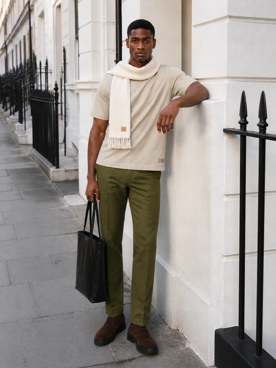 Barbour stone tee olive trousers desert boots