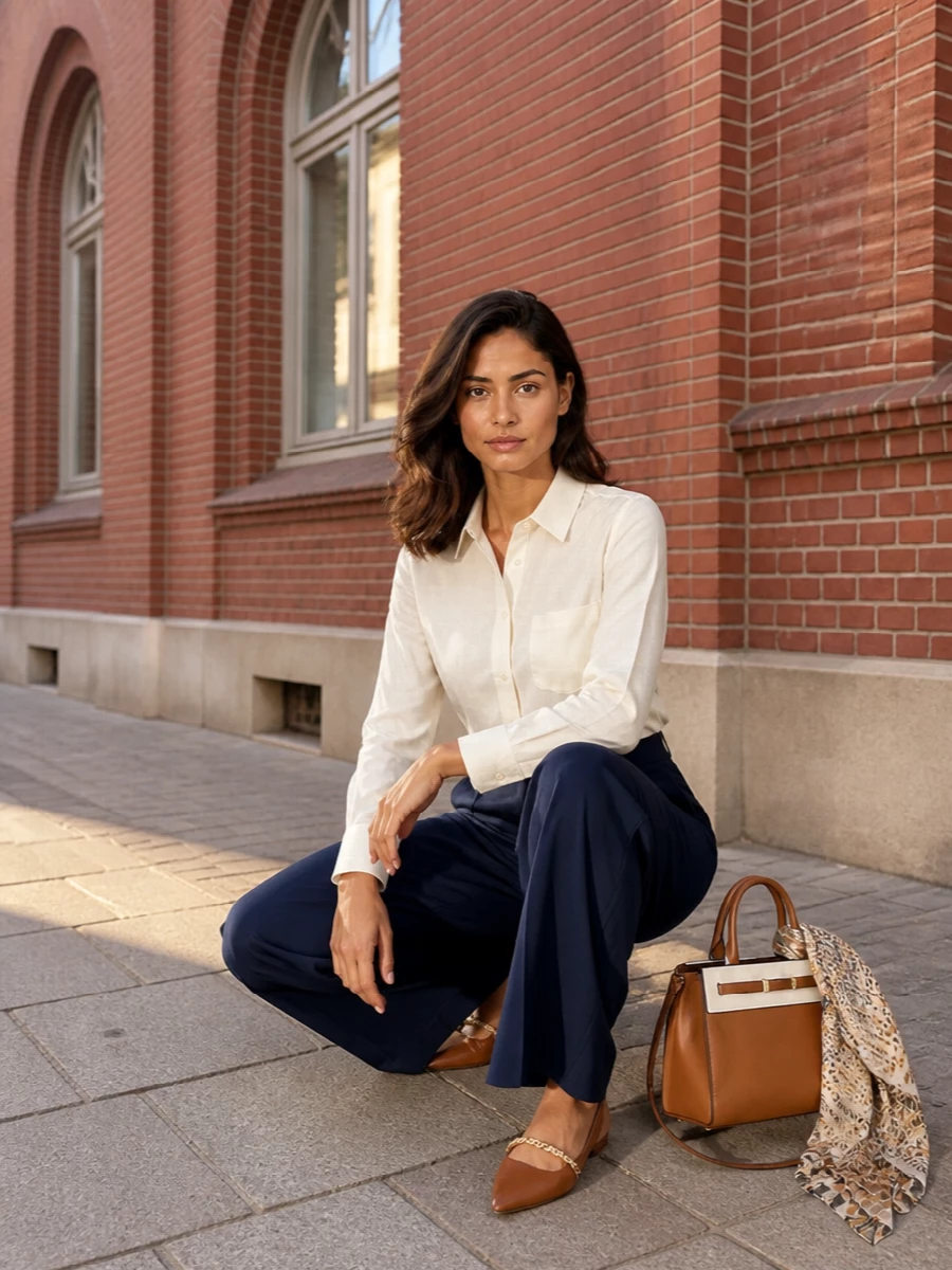 An ivory shirt tucked into high-rise navy wide-leg trousers creates a sharp column of color that feels both relaxed and boardroom ready. Tan slingback flats and a structured tan and white top-handle bag warm the palette while keeping every line clean. A gauzy neutral scarf adds just enough pattern to keep the neutrals interesting without breaking the minimalist rhythm.