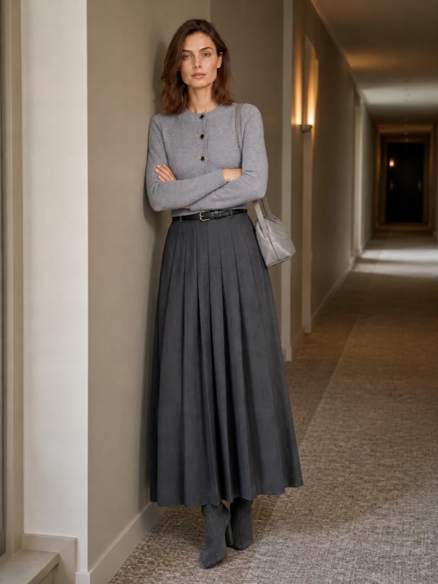 Self portrait cardigan pleated maxi skirt outfit