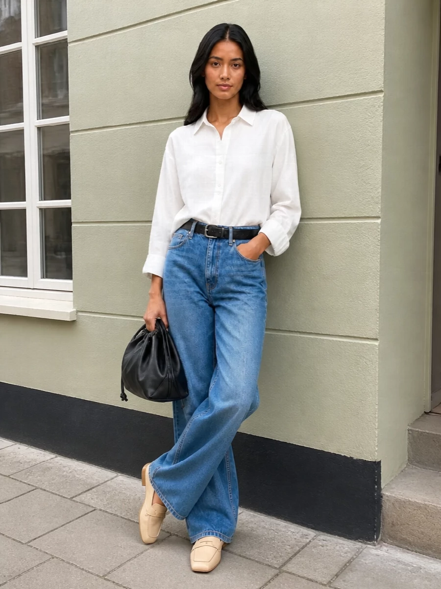 Soft white shirting with mid-blue wide-leg denim creates a clean, borrowed-from-the-boys base that still feels considered. Butter loafers and a black leather bucket bag keep the palette grounded and quiet, while a simple black belt defines the waist so the volume reads intentional rather than oversized. The result is an easy minimalist uniform that moves from coffee runs to casual office days without a change.