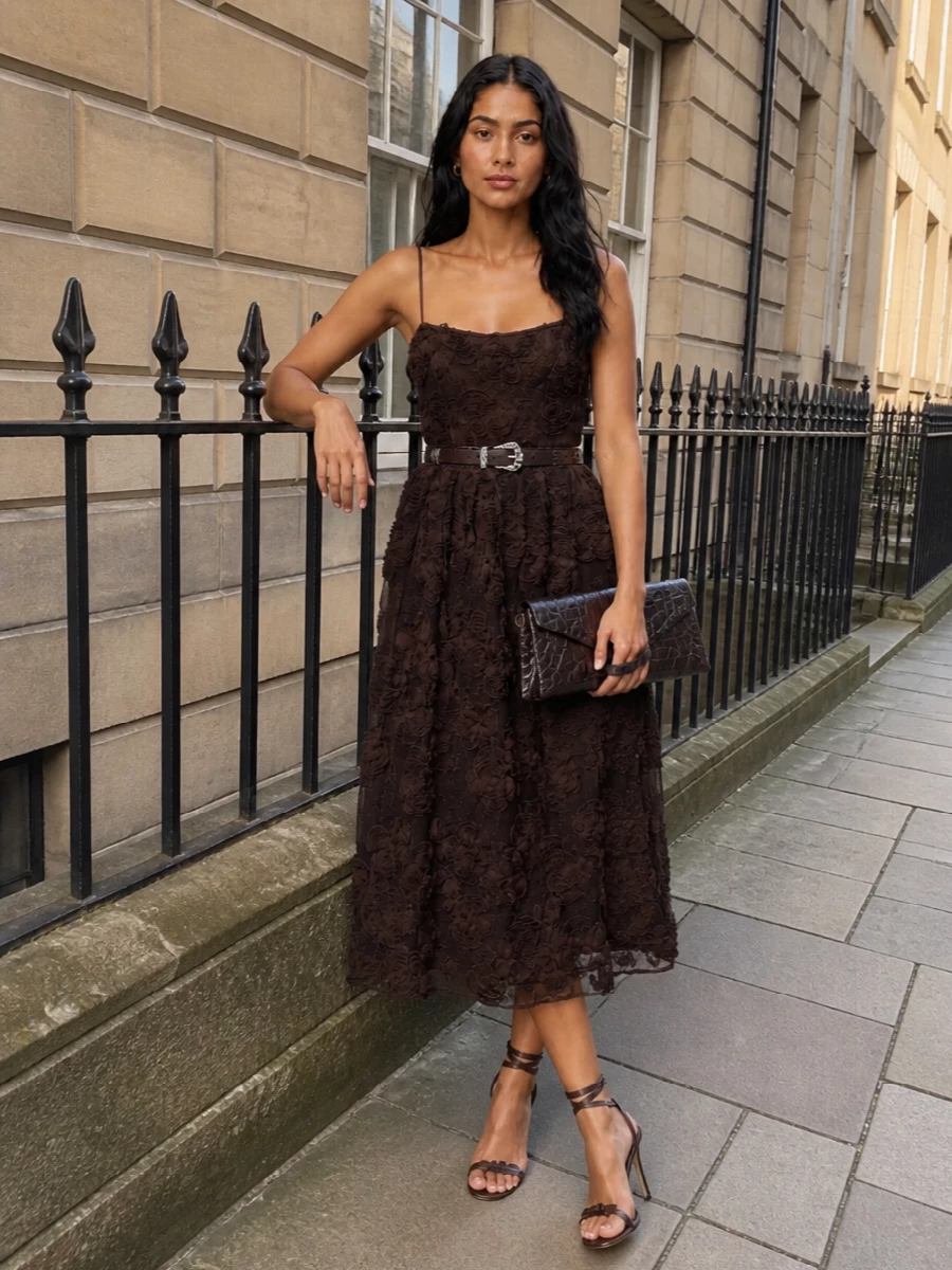 Rotate brown floral midi dress chocolate heels