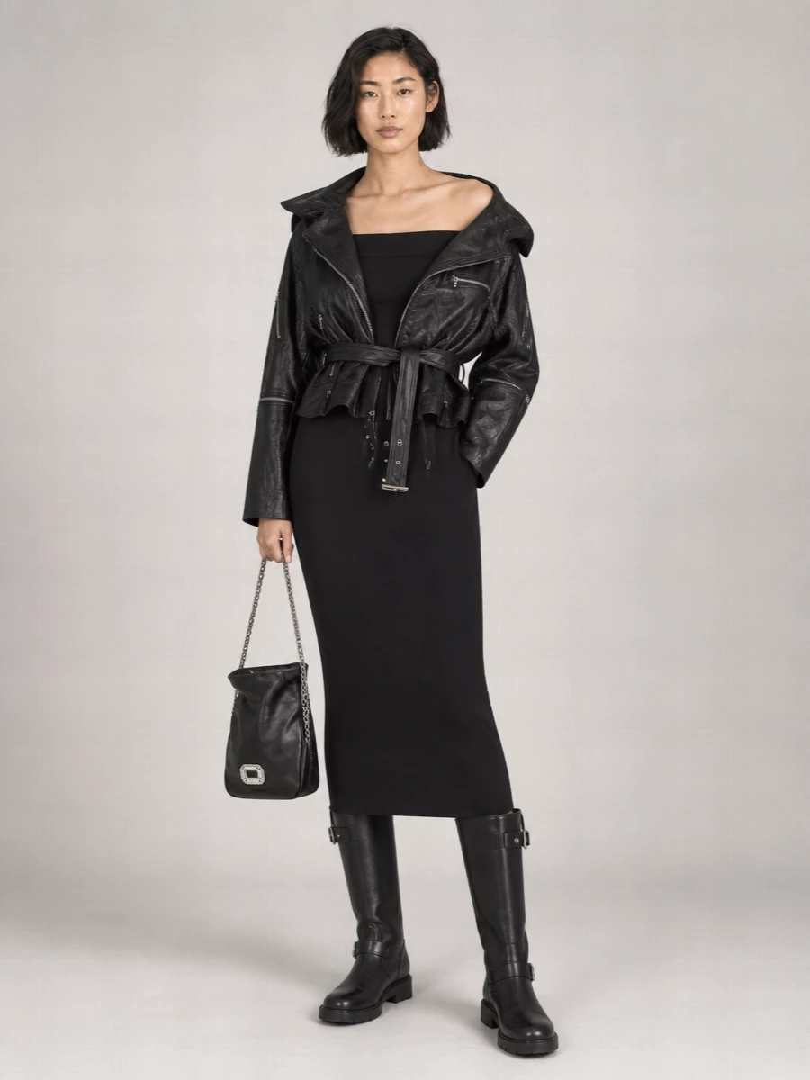 This is a hard-edged, night-city ensemble built around sculpted knit and leather, so the Balmain midi dress path makes more sense than separating top and bottom under a strong moto. The off-shoulder column keeps the line clean beneath the belted Rick Owens jacket, while the knee-high chunky boots and crystal-buckled mini bucket bag deliver a mix of utility and polish that feels powerful rather than fussy. Everything sits in a black and silver story, giving you high-impact presence with real wearability across cool-season evenings.