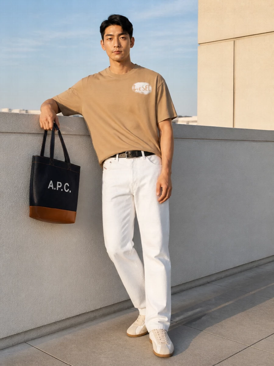 Camel on crisp white keeps this outfit sharp but relaxed, with the tee and straight denim working together in a clean, easy line. Off-white trainers and a structured indigo tote add just enough contrast, keeping the vibe modern, street and ready for all-day wear. The discreet black belt finishes it with a small hit of hardware so the neutrals stay in focus.