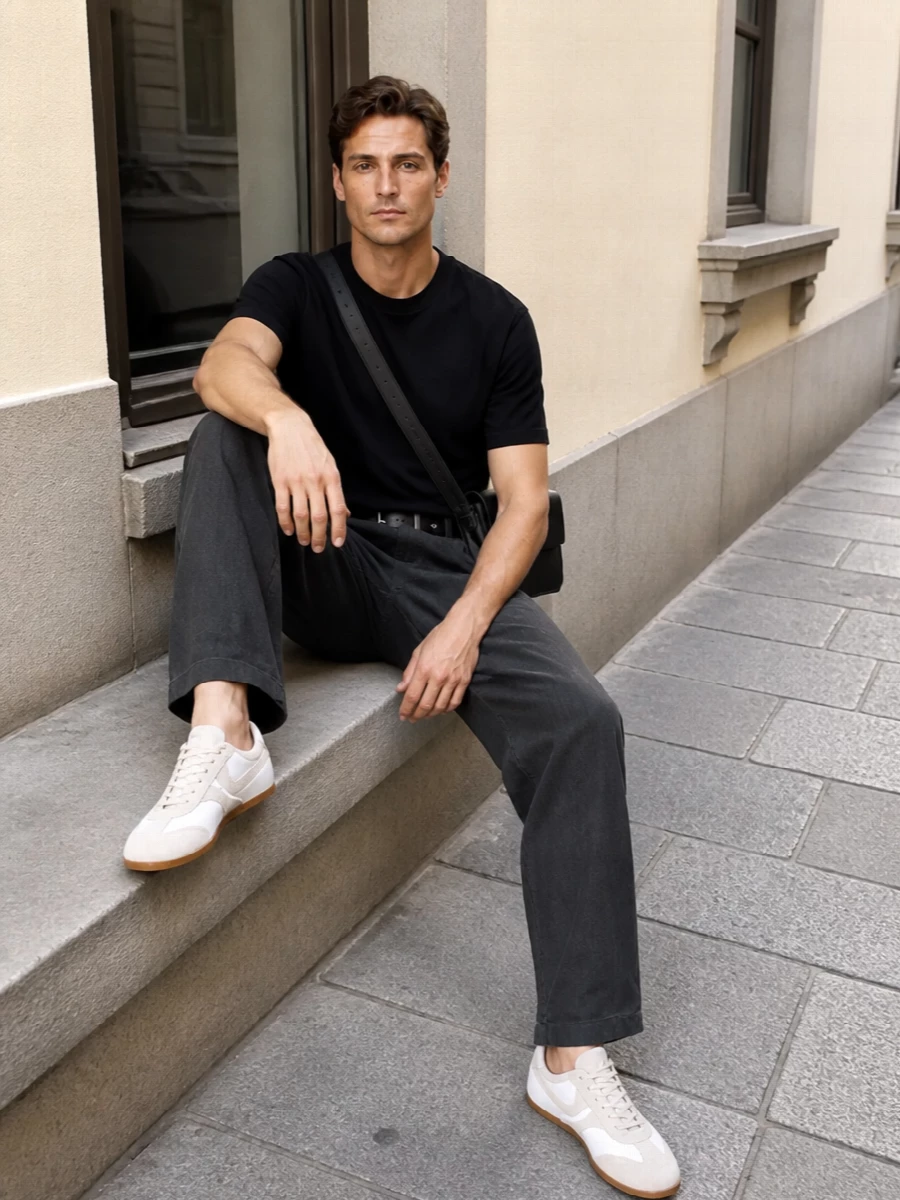 A relaxed black tee sits over fluid charcoal trousers for a tonal, quietly structured take on casual dressing. Pale trainers soften the palette and keep the outfit light, while a slim leather belt and compact crossbody hold the line between ease and polish. It is an unfussy city uniform that feels thoughtful without trying hard.