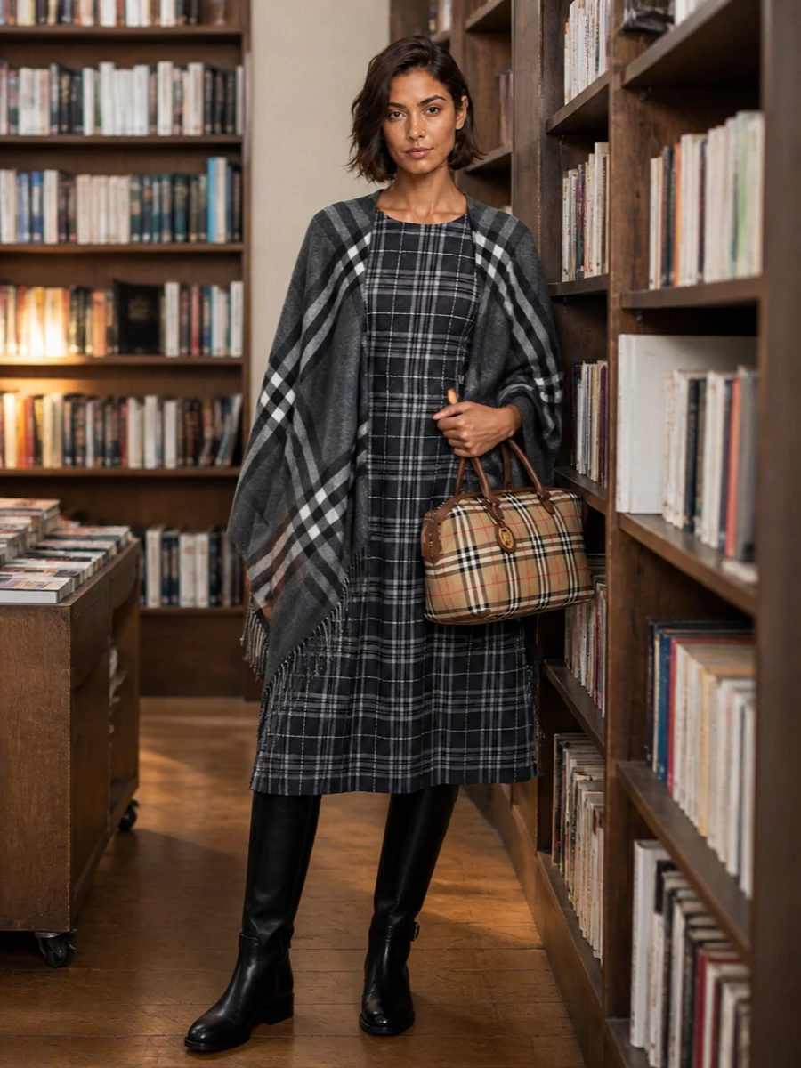 Burberry poncho plaid midi dress outfit