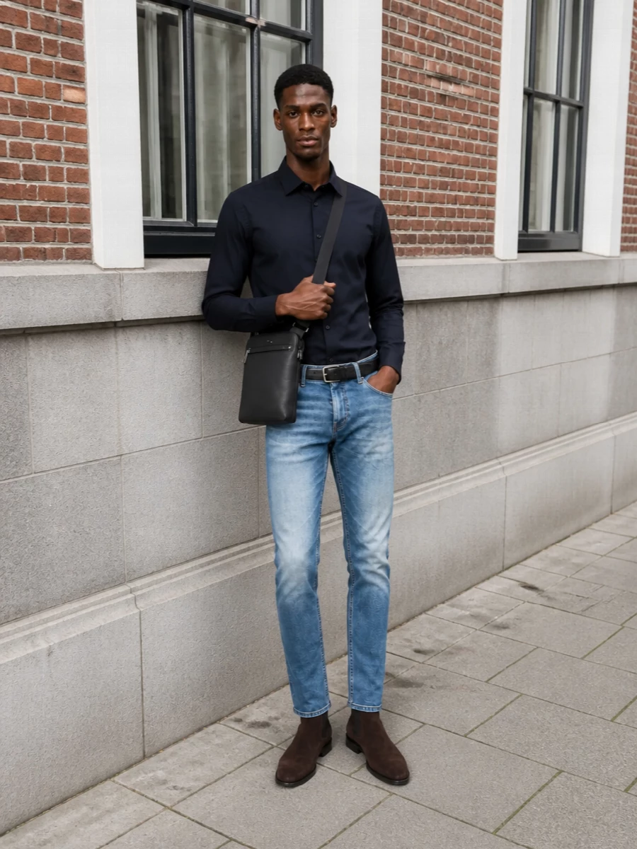 Boss slim jeans navy shirt chelsea boots