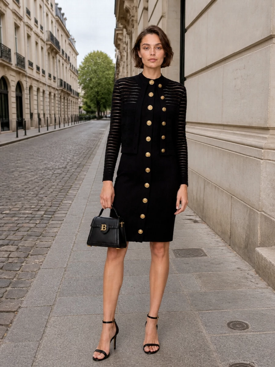 Balmain black knit dress gold button outfit