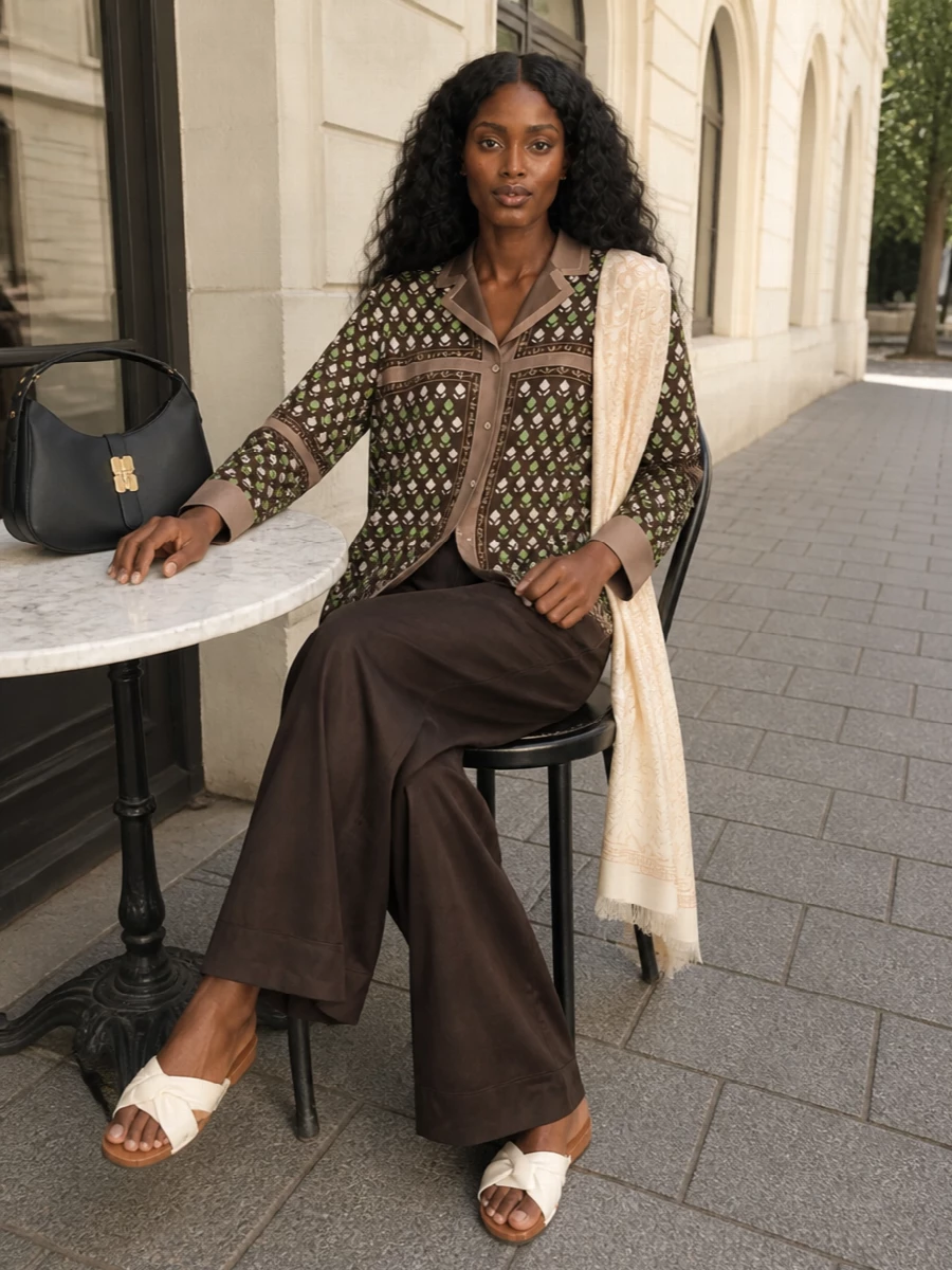 Ganni brown pajama trousers tory burch shirt