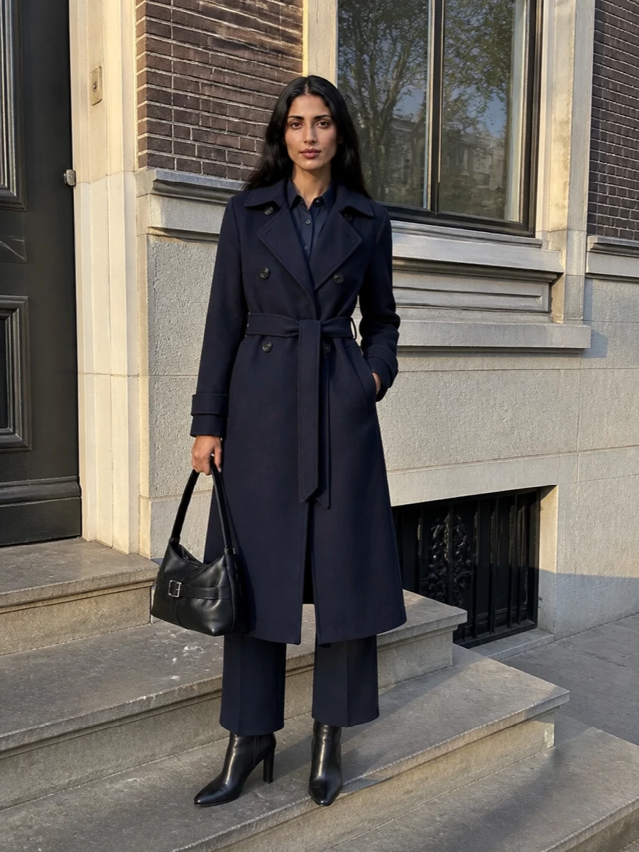 Max mara navy coat wide leg trousers outfit