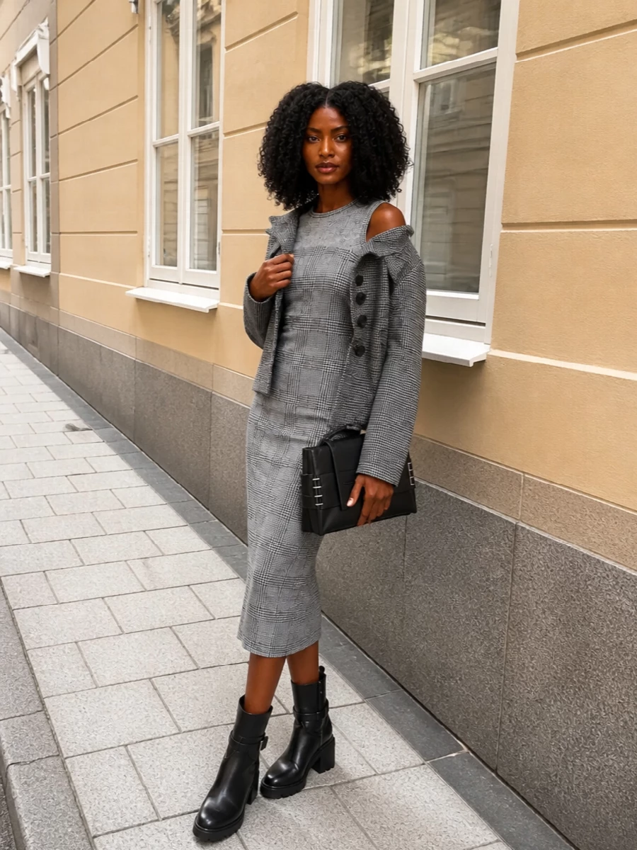 Junya watanabe coat gaultier check midi dress outfit