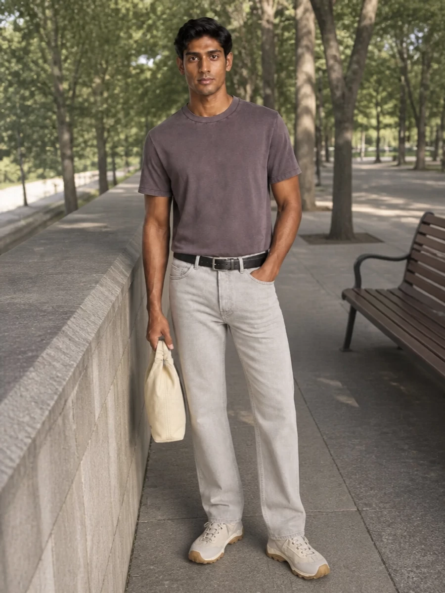 Washed mauve-grey up top meets pale straight-leg denim for a soft, tonal take on casual dressing. Trail-inspired beige sneakers and a buttercream mini tote keep the palette light while the slim black belt adds just enough definition. The result is clean, modern and relaxed, sitting comfortably between weekend city wear and low-key creative office days.