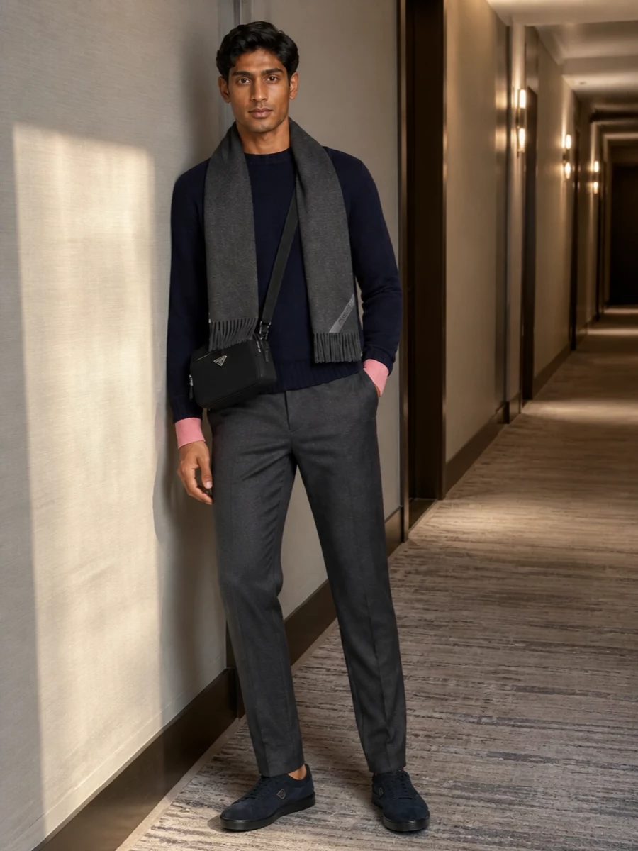 Prada navy sweater charcoal trousers outfit