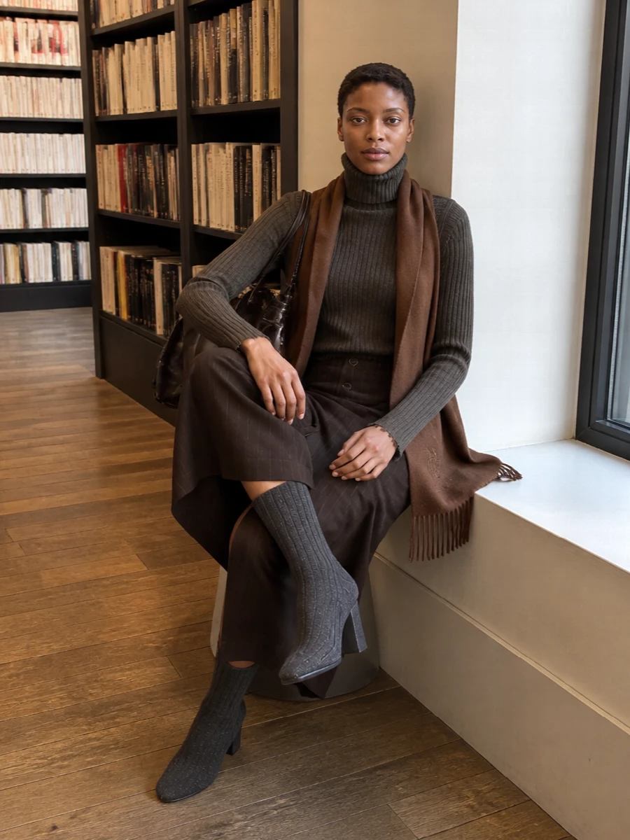 Uma wang brown turtleneck pinstripe maxi outfit
