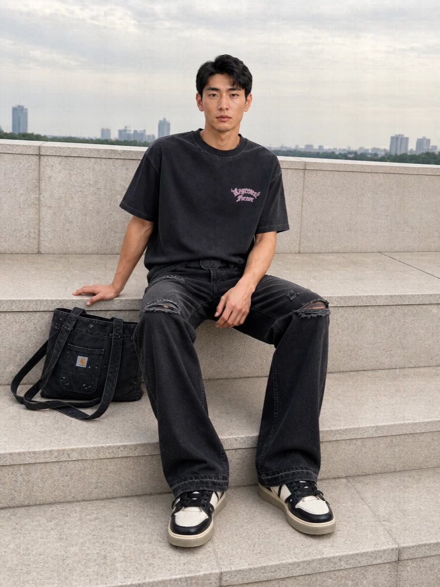 Represent flared jeans oversized tee skate sneakers
