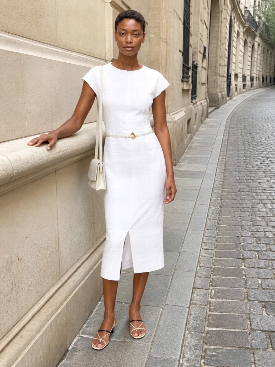 A crisp white midi is cinched with a slim sculptural belt, then finished with barely-there cream-and-black kitten heels and a small structured ivory shoulder bag. The result is clean, modern and quietly assured, ideal for sunlit city dinners or gallery nights where you want polish without fuss.