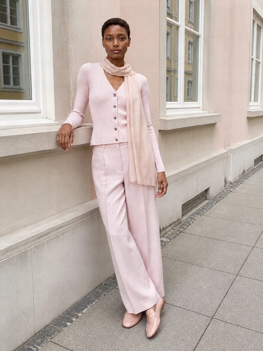 Max mara blush cardigan wide leg trousers outfit