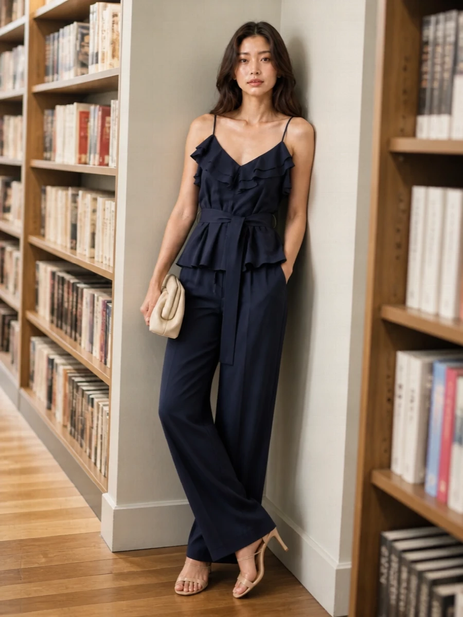 Parosh navy camisole wide leg trousers outfit