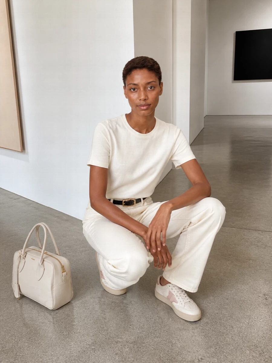 Golden goose wide leg jeans ivory tee outfit