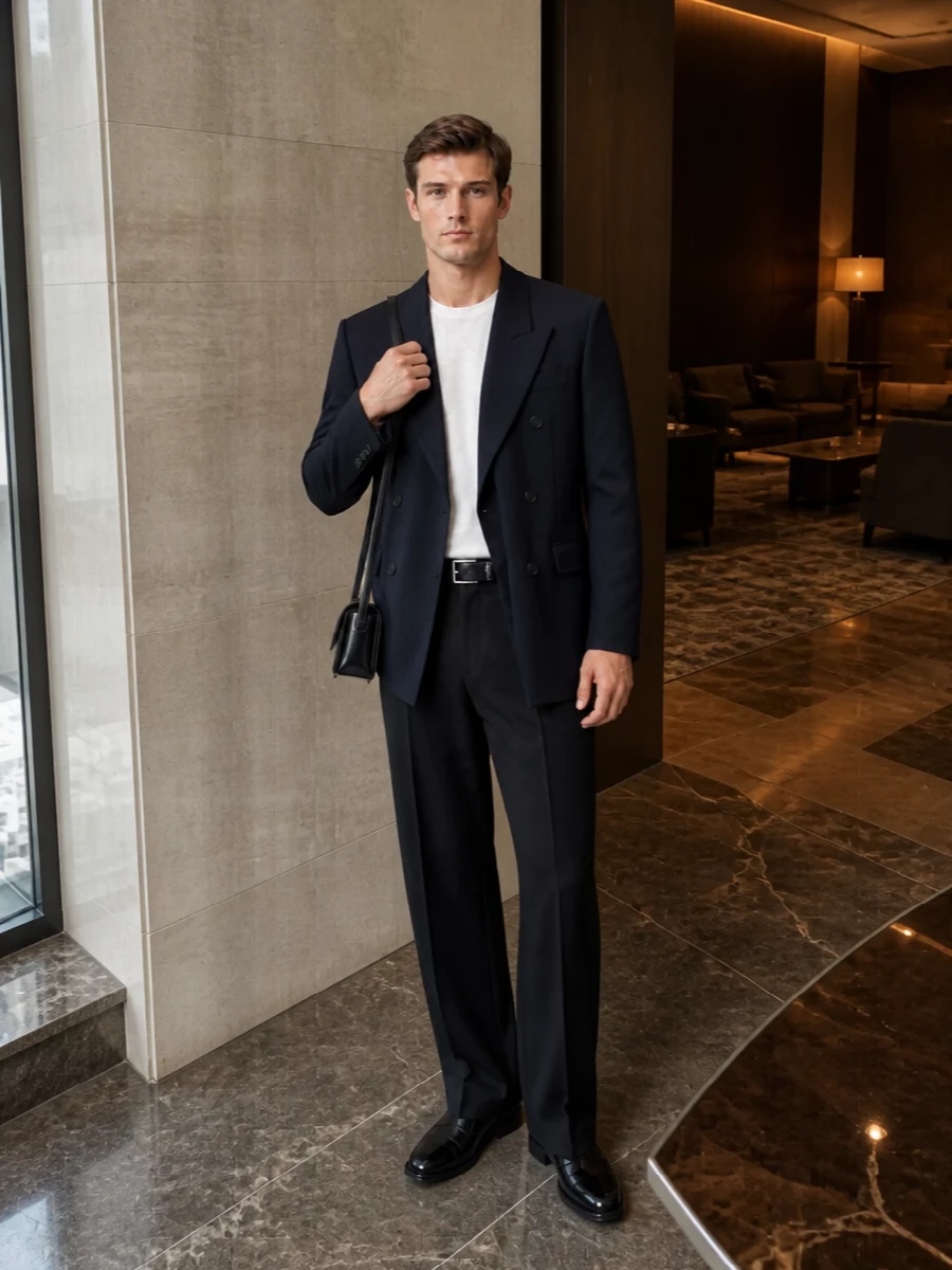 Saint laurent wide leg trouser navy double breasted