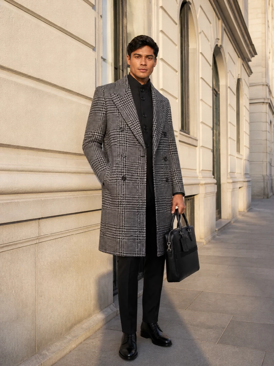 Giorgio armani coat black tailored trousers outfit