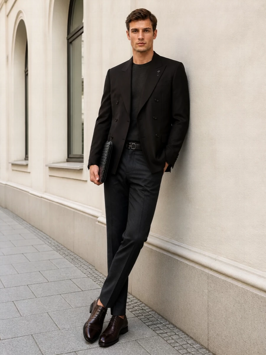 Lardini brown double breasted blazer charcoal trousers