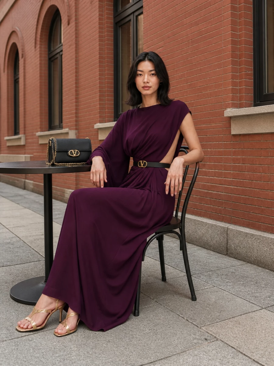 Giambattista valli plum evening gown gold sandals