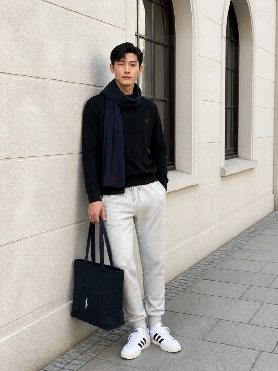 A black Polo sweatshirt and light grey jogger create a clean, collegiate sweat-set in reverse, with the top staying dark and the base soft and relaxed. White Adidas court sneakers sharpen the palette, keeping everything sporty but precise. A navy Polo tote and matching ribbed scarf tie in the blue and red thread, so the whole outfit feels coordinated without trying too hard.