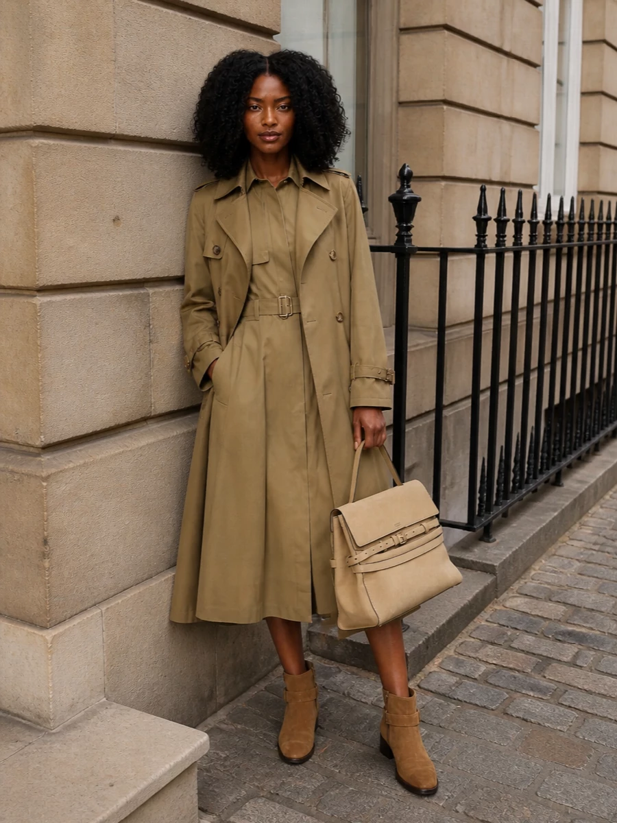 I am building a trench-on-trench story here: camel outerwear over a camel Burberry trench midi dress for a layered, tailored silhouette that still breathes for spring. Suede ankle boots keep it grounded and utilitarian, while the structured warm-beige tote adds boardroom-level sharpness without breaking the tonal calm.